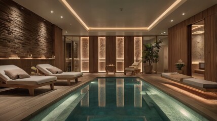 A luxury wellness center combining spa and gym: indoor sauna, yoga space, modern cardio machines, essential oil diffusers, calm ambient lighting, marble and wood finishes, indoor garden touches.