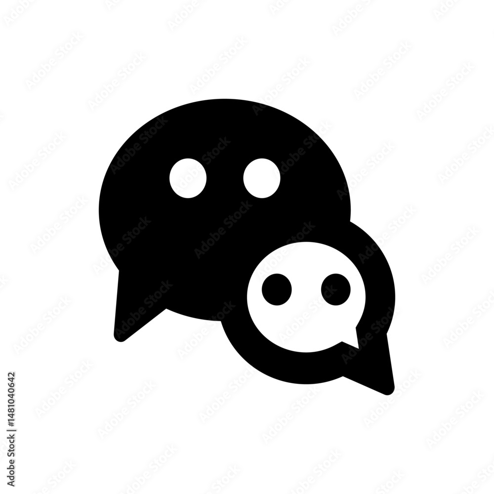 Poster illustration of two speech bubbles overlapping each other one black and one white with two dots insi