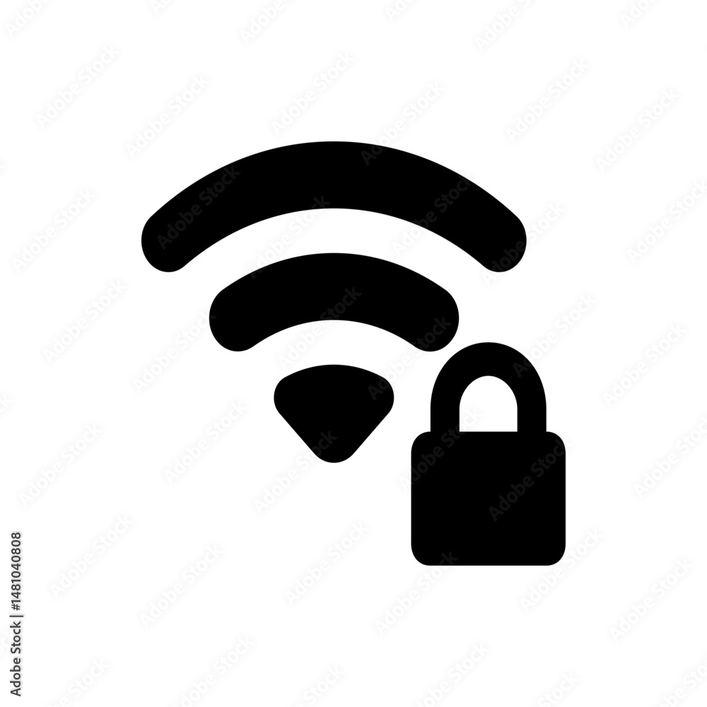 Poster black wifi symbol with three curved lines and a closed padlock indicating a secure wireless connecti