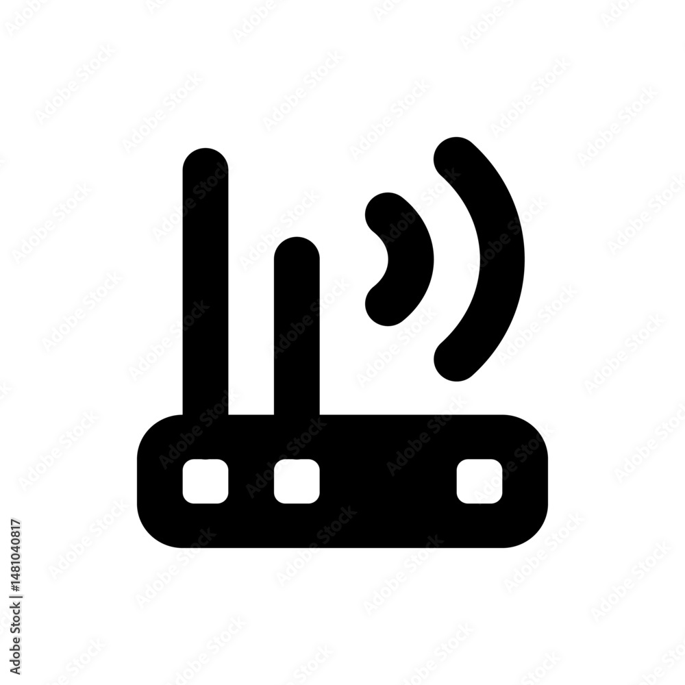 Aufkleber illustration of a black wireless router with two antennas and wifi waves symbolizing network connect