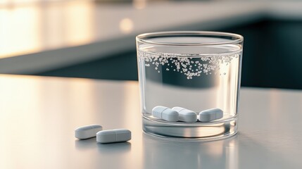 Effervescent Pills Dissolving in Clear Water with Bubbles