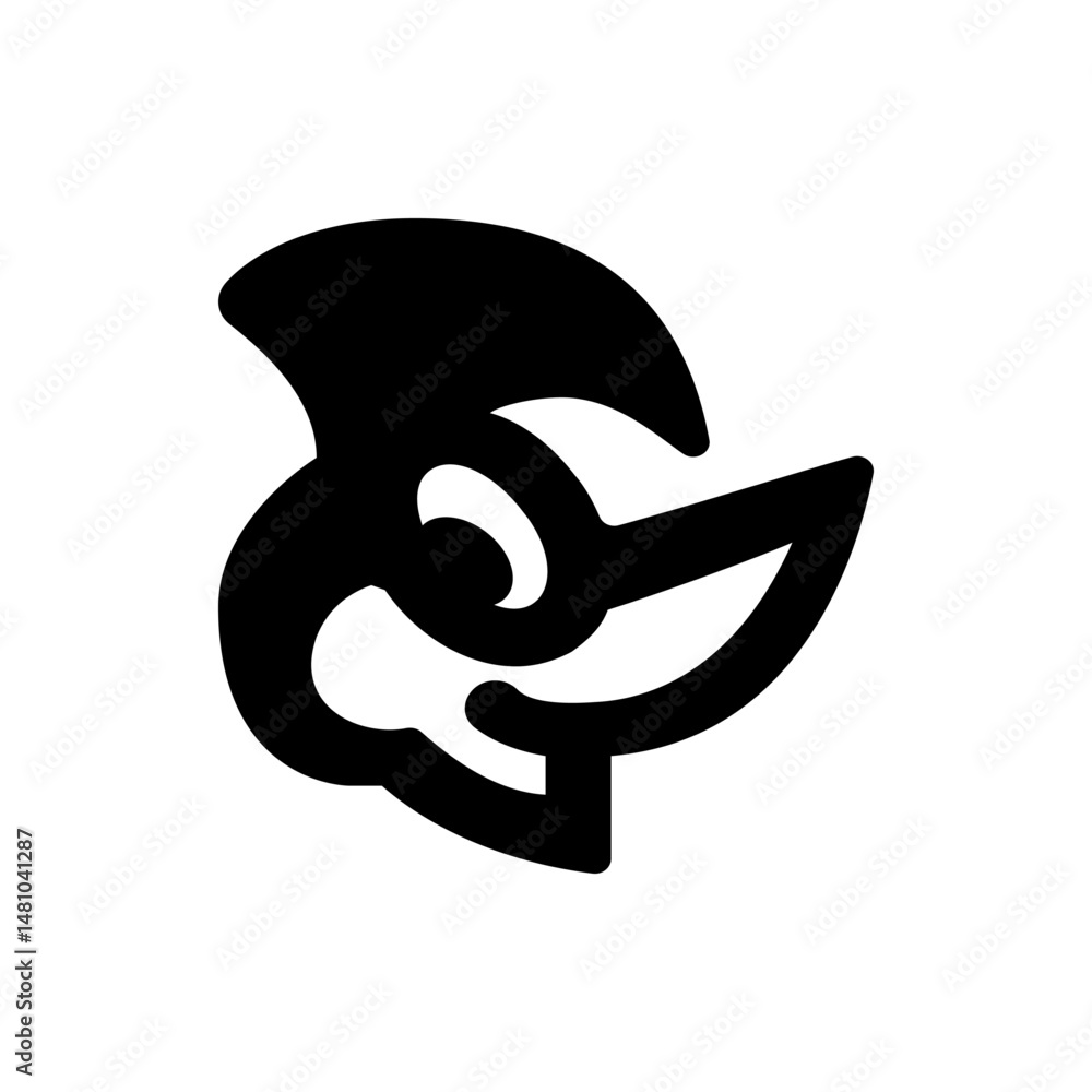 Poster abstract black and white illustration of a stylized bird head with curved lines and sharp angles des