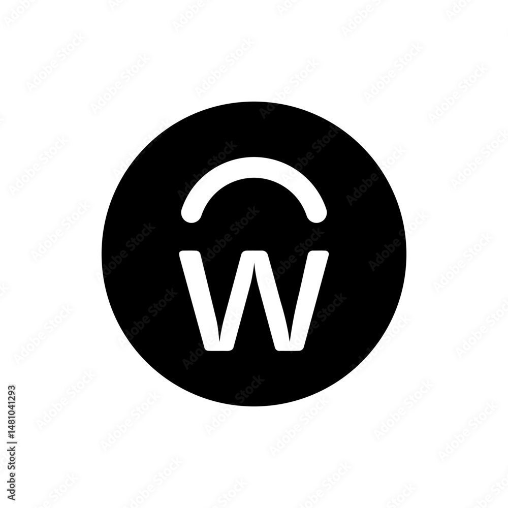 Poster white letter w with a curved line above it inside of a black circle creating a simple and modern log