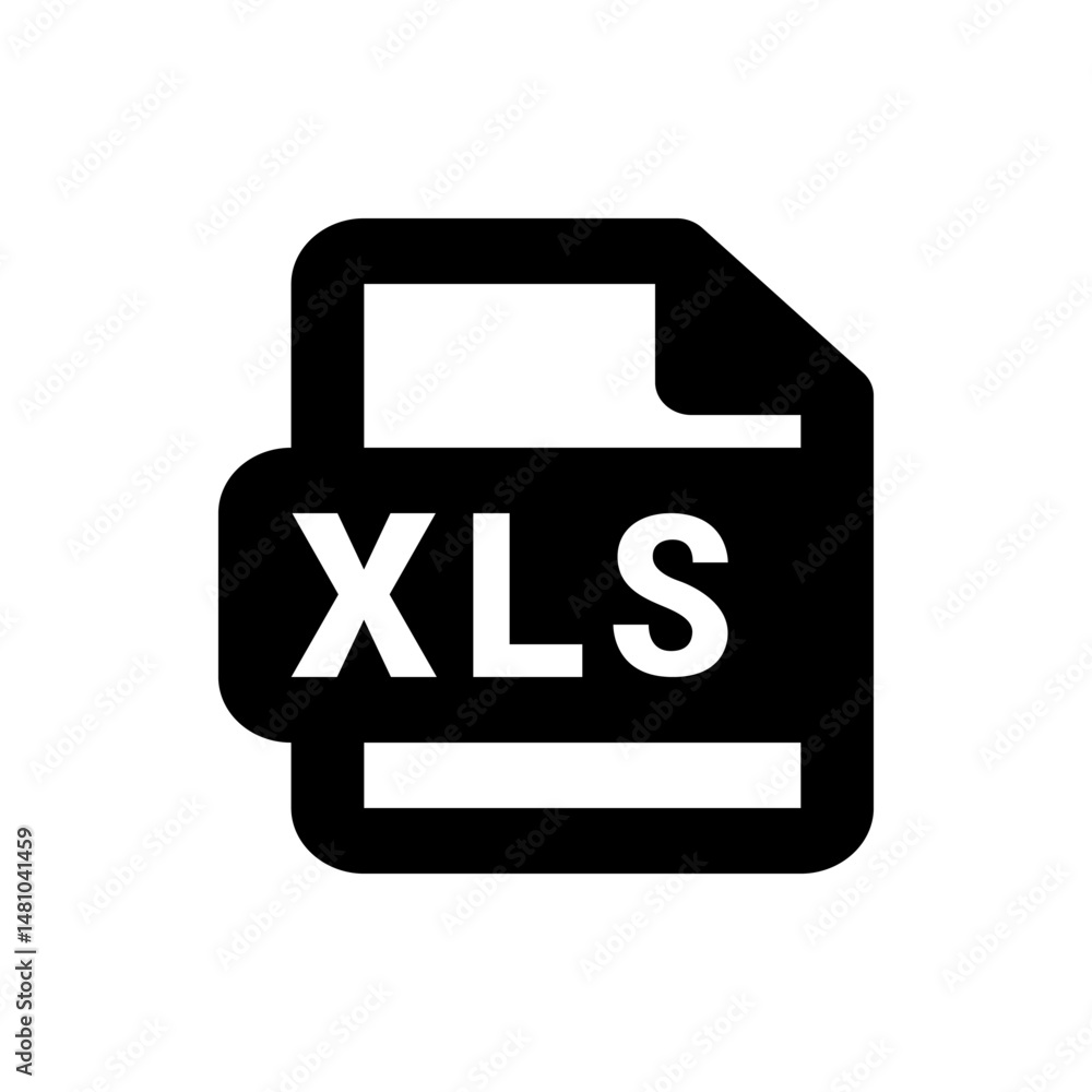 Poster illustration of a black xls file format icon with white letters on a white background showing file t