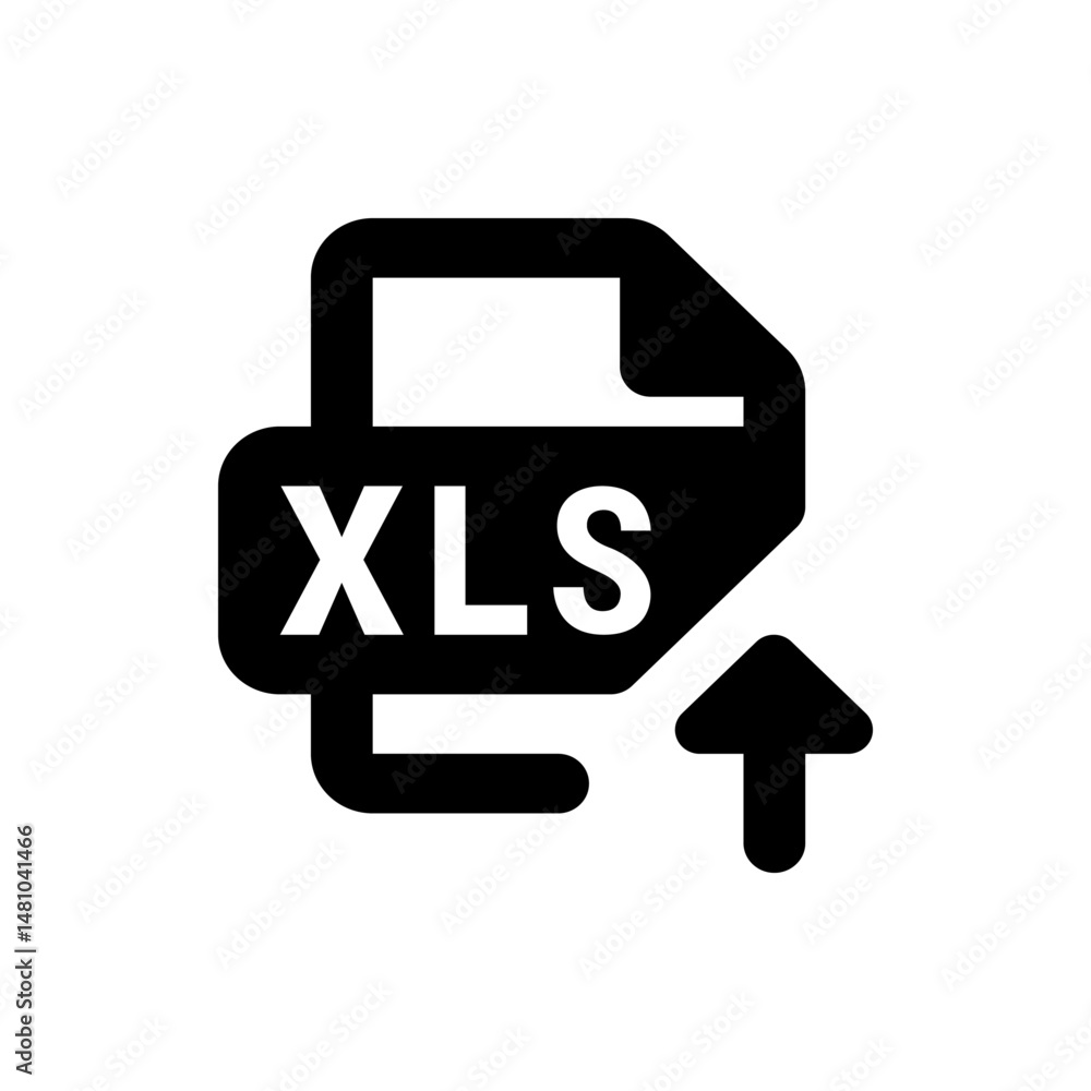 Poster illustration of an xls file format icon with an upward arrow indicating file upload functionality sh