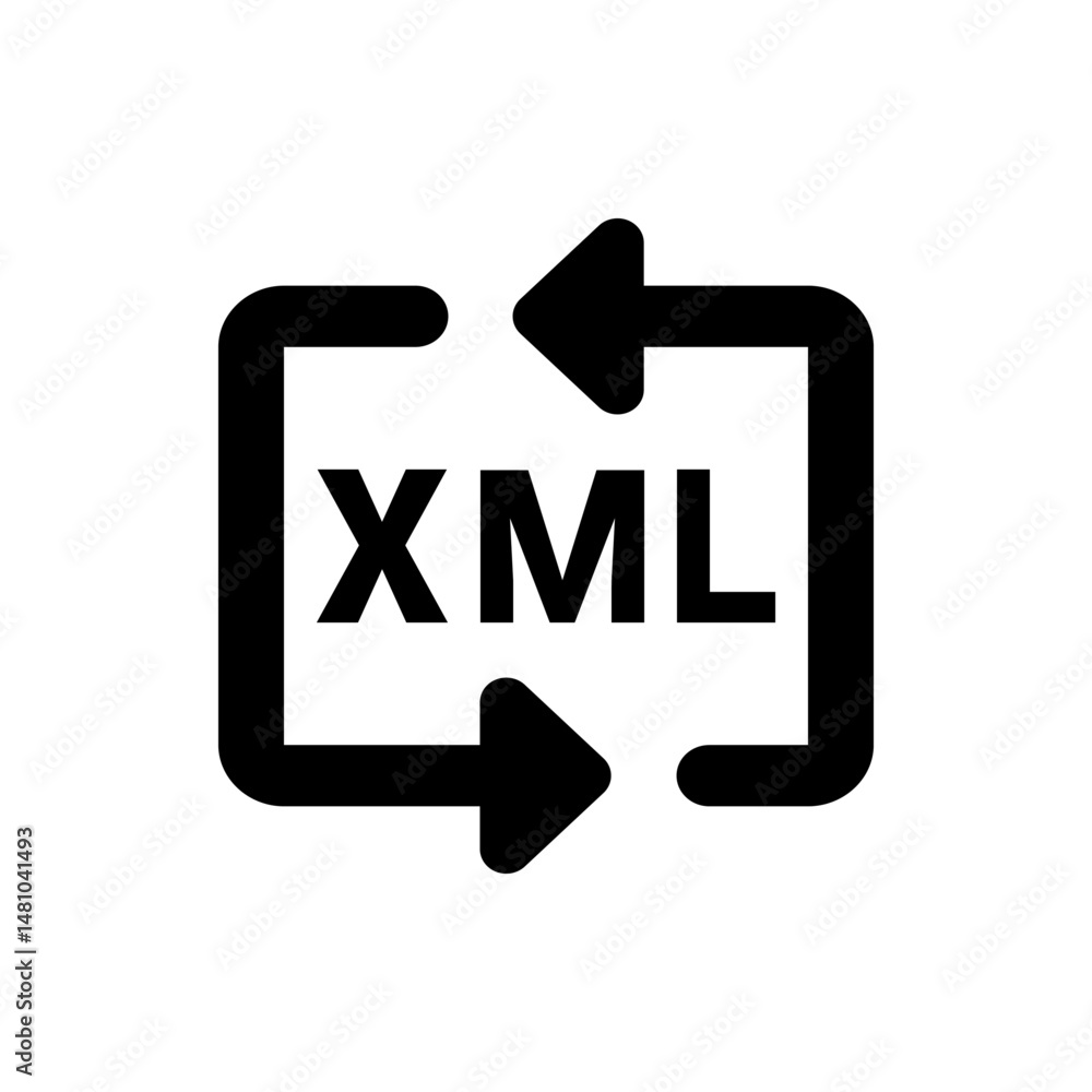Poster black xml symbol with circular arrows indicating processing or transformation on a white background 
