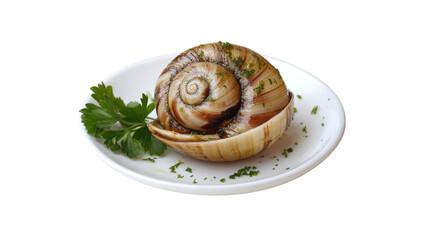 Gourmet Escargots Prepared Snail Shell on a White Plate, Garnished with Parsley