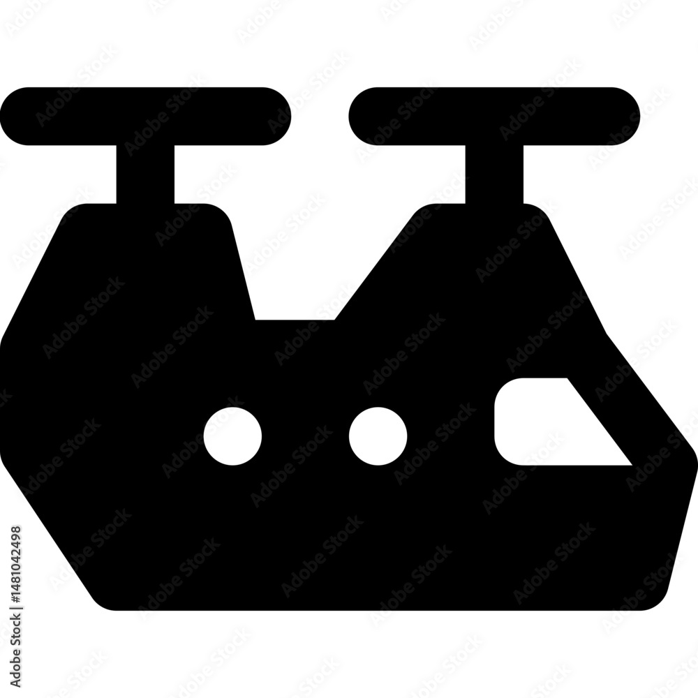 Poster silhouette of a twin rotor helicopter with rounded rectangular rotors and two circular windows in bl