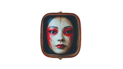 Enigmatic Geisha Mask in Antique Frame A Study in Red and White