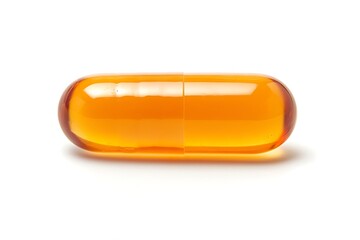 A single translucent orange gelatin capsule isolated on a white background, its smooth surface gleaming under soft lighting