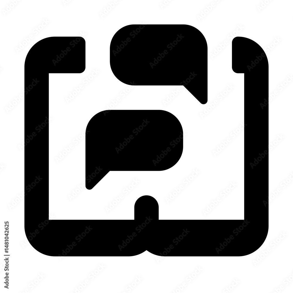 Aufkleber black and white icon showing two speech bubbles inside a stylized square bracket shape on a white ba