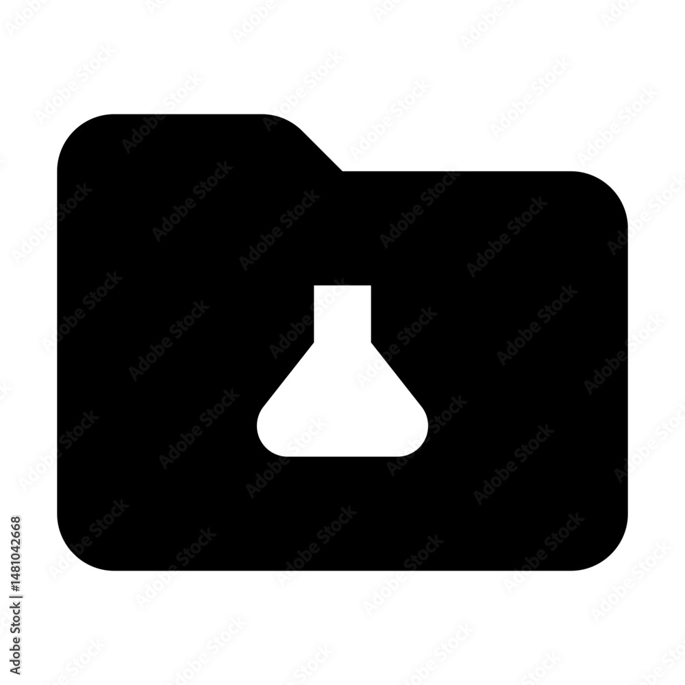 Poster black folder icon with rounded corners and a white flask symbol in the center on a white background