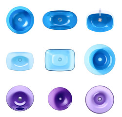 Highly detailed, photorealistic top view of a sleek, blue and purple glass  modern sink, transparent background, isolated from any surroundings, ideal for incorporation into floor plans and collages