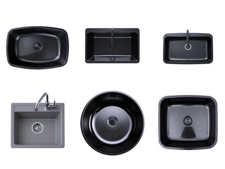 Highly detailed, photorealistic top view of a sleek, black glass ultra modern sink, transparent background, isolated from any surroundings, ideal for incorporation into floor plans and collages