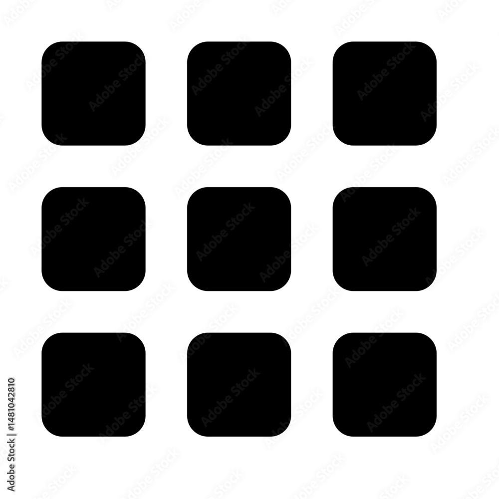 Poster a grid layout featuring nine black rounded squares arranged in a three by three configuration on whi