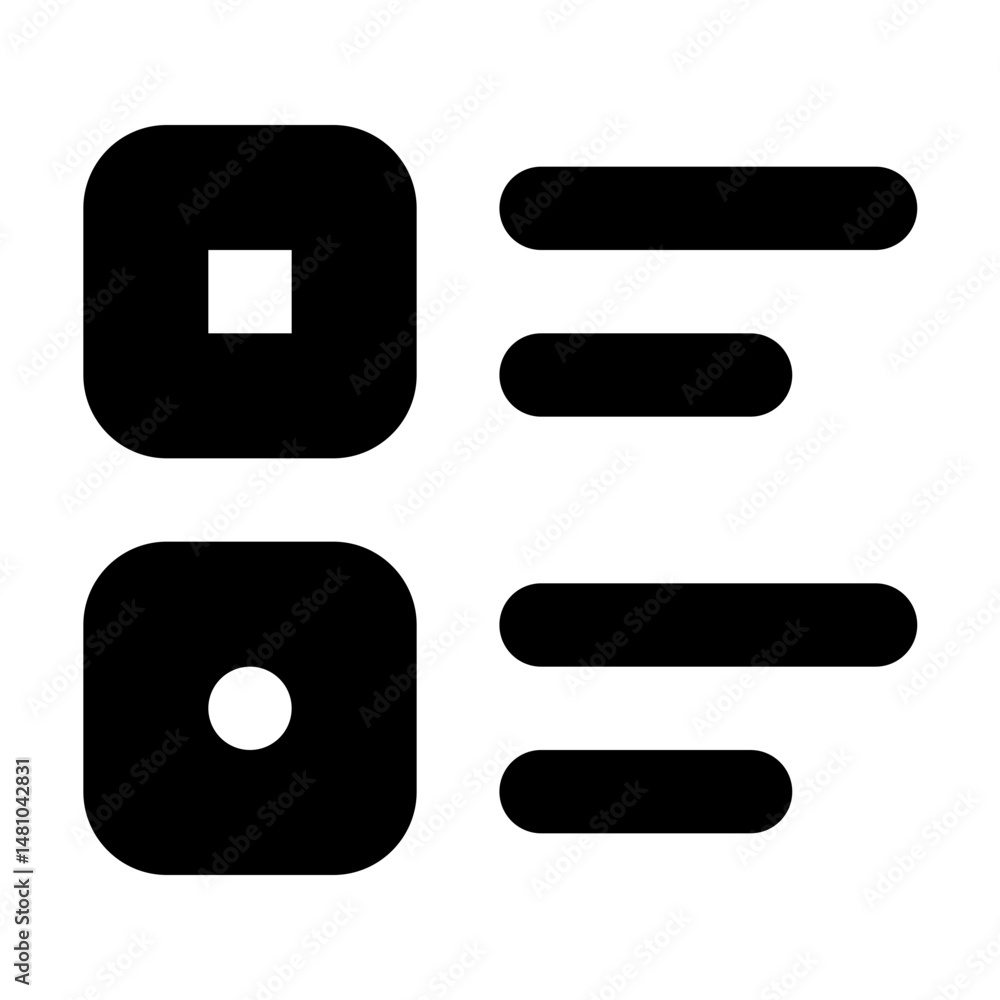 Poster illustration of two rounded squares with internal shapes and three horizontal rounded lines in black