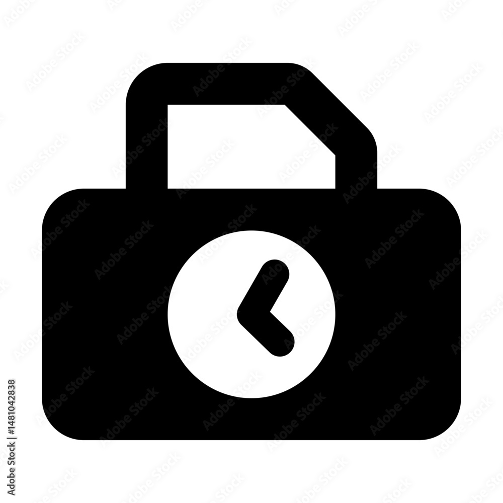 Poster black briefcase with handle and a white clock with a left arrow inside it on a white background icon