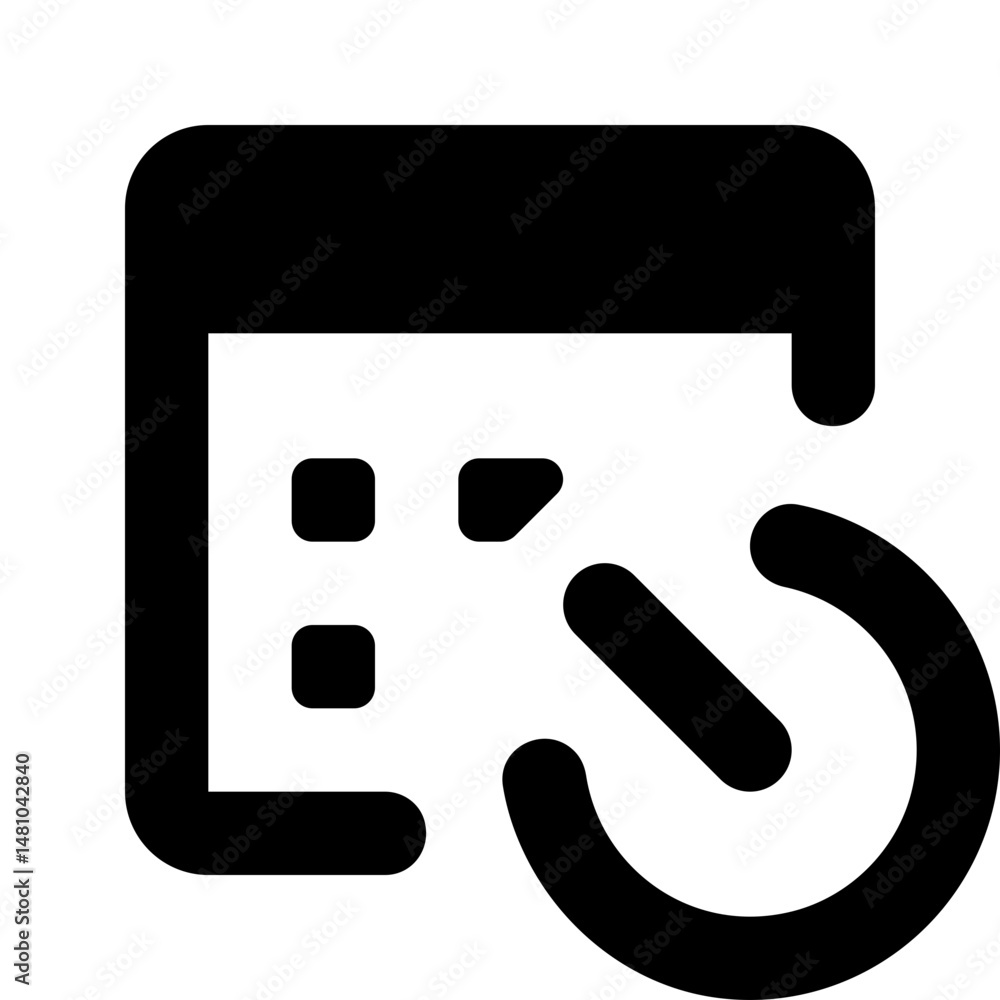 Poster black and white icon of a calendar page with two squares and a curved arrow on the right side of it