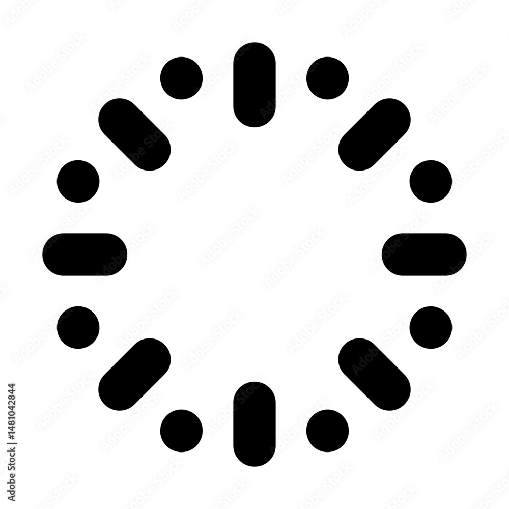 Poster circular arrangement of alternating black dots and rounded rectangles forming a ring like structure 
