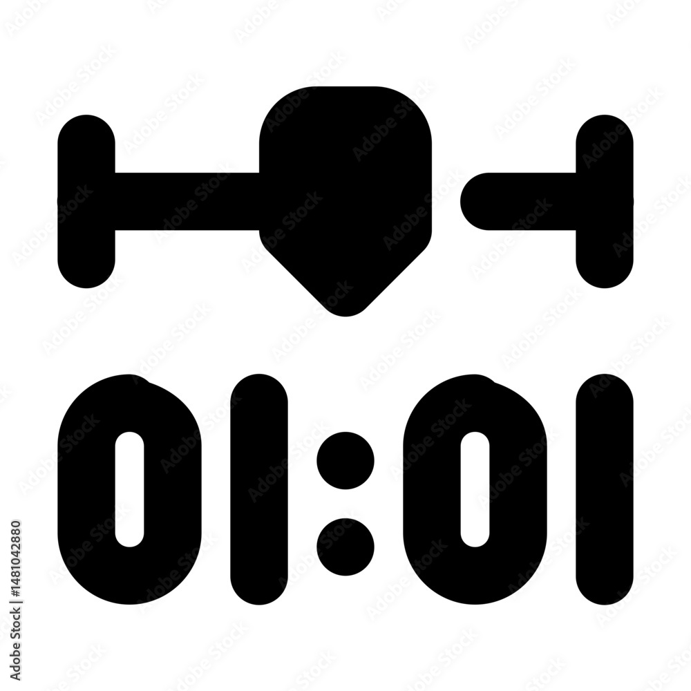 Poster black icon showing a stylized heart shape with horizontal bars and a time display reading one oh one