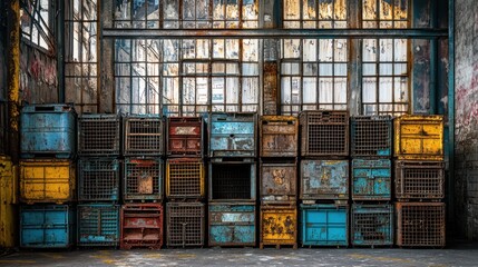 Rusty metal containers stacked against old industrial windows