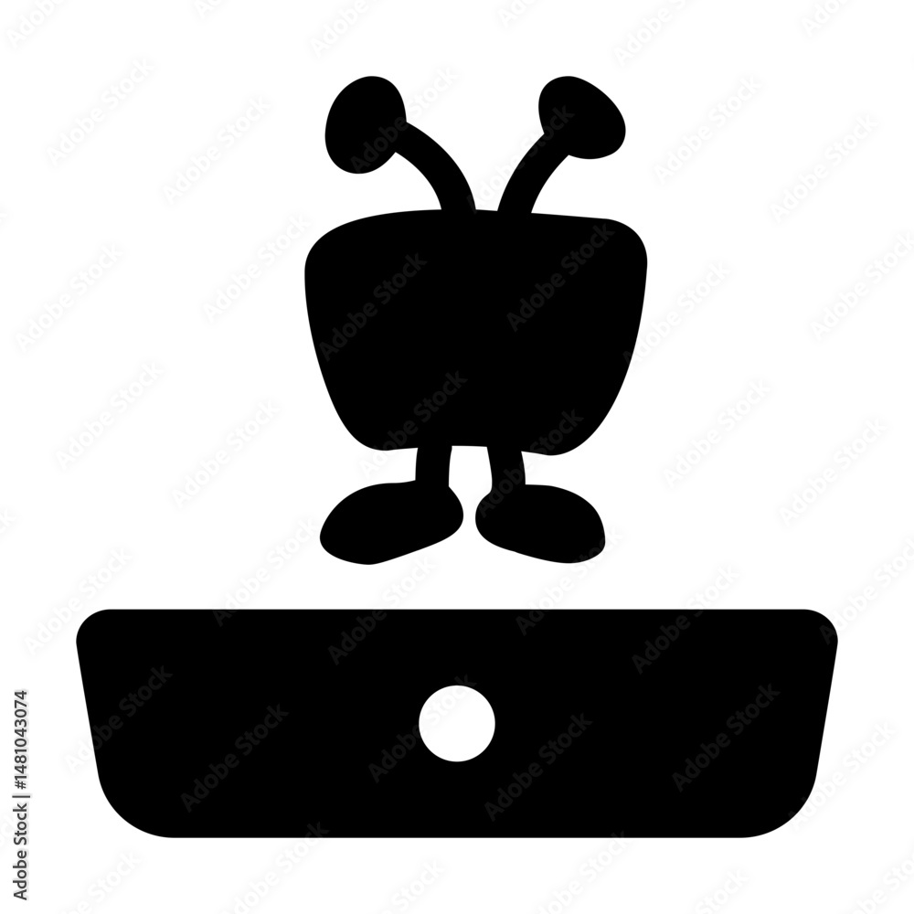 Poster a cartoonish robot like figure with antennae standing on a rectangular base with a circular button o