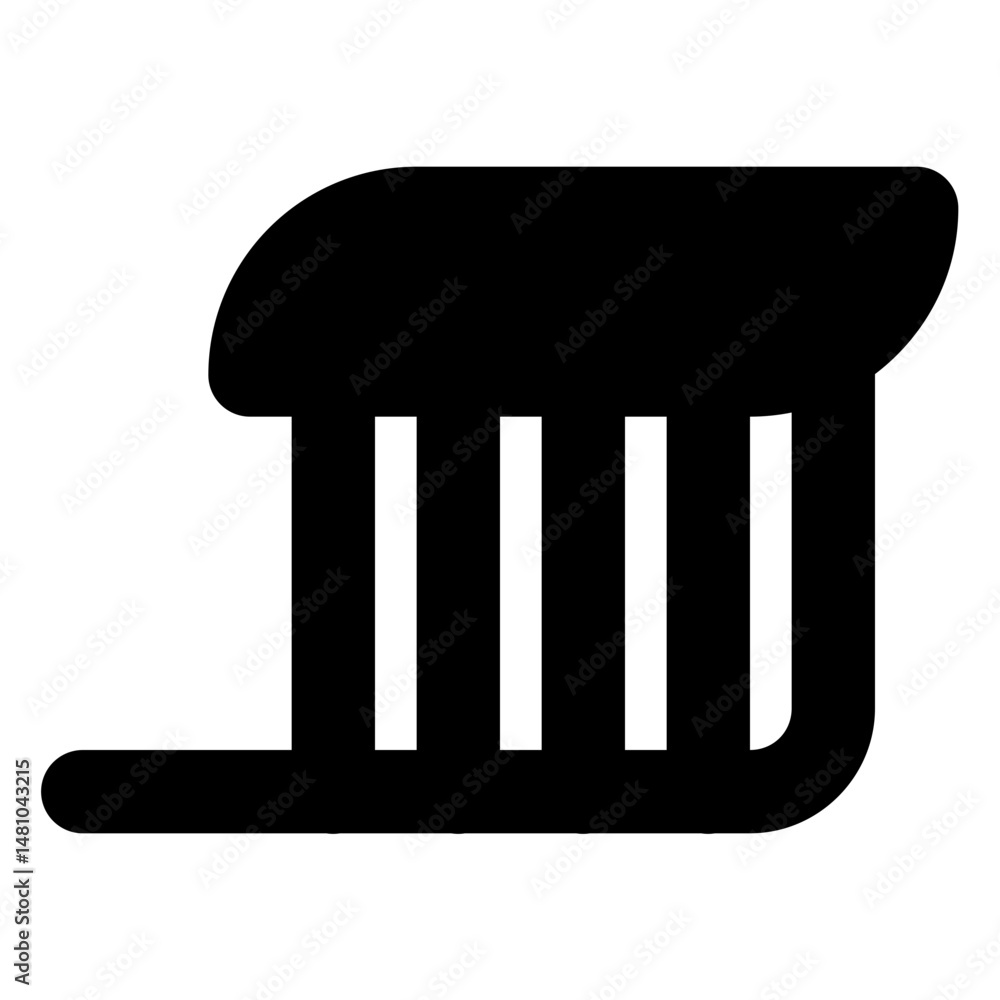 Poster illustration of a black abstract building with three vertical columns and a curved top on a white ba