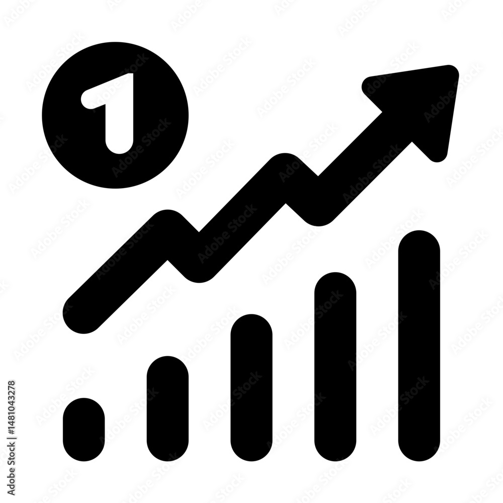 Aufkleber black and white illustration of a rising graph with an arrow and a circle containing the number one 