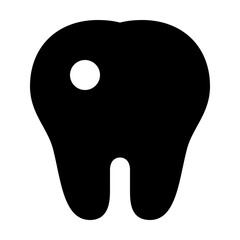Black tooth with a cavity represented by a white circle on a white background in a simple illustration