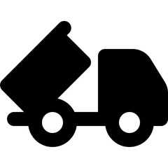 Illustration of a black dump truck with its container raised and two visible wheels on a white background