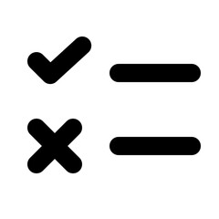 Illustration showing a check mark a cross mark and two horizontal bars in a black and white design style