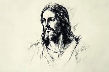 A sketch of Jesus Christ, thoughtfully designed with minimal detail, set against a blank white canvas