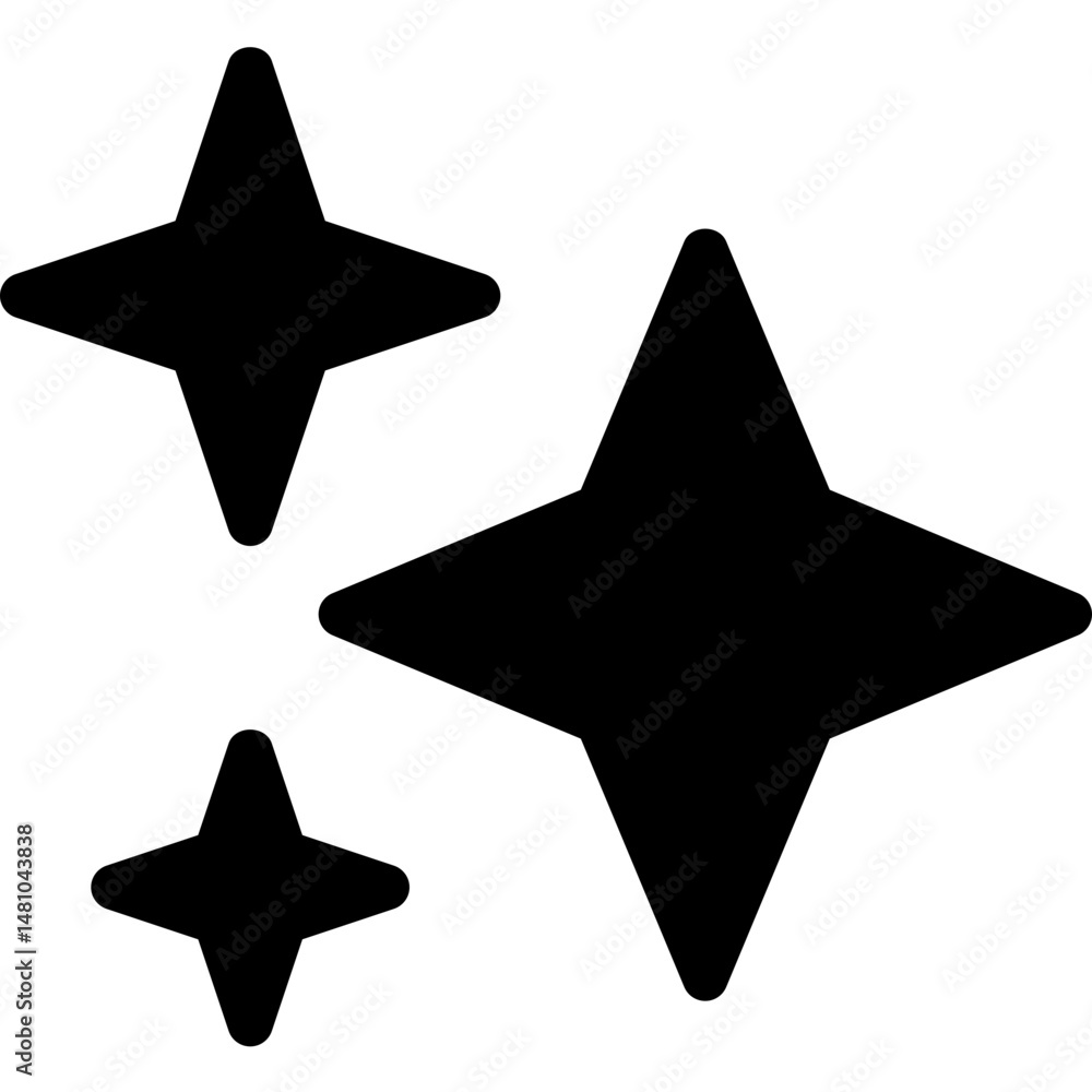 Poster three black four pointed stars of varying sizes arranged on a white background in simple vector art