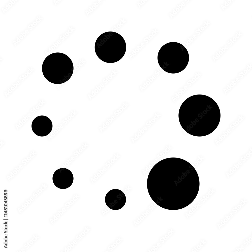 Poster circular arrangement of black dots varying in size creating a visual loading or progress indicator e