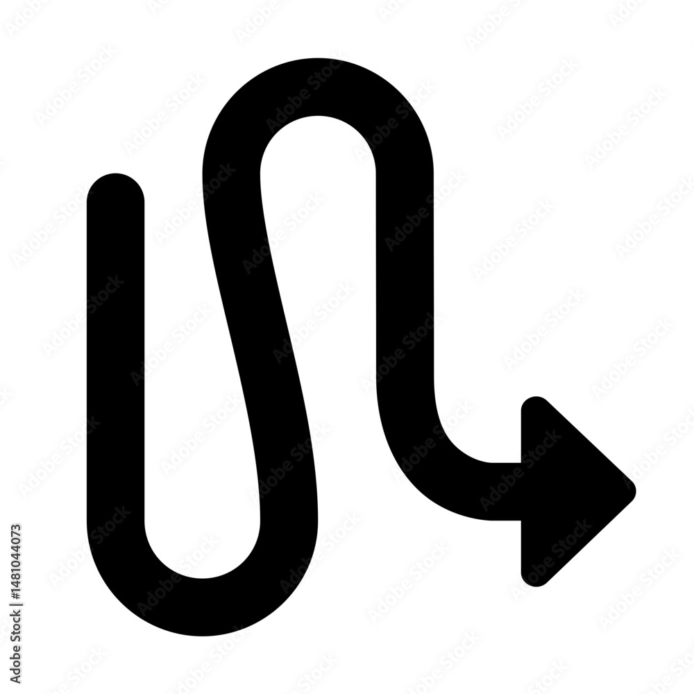 Aufkleber black winding arrow pointing downward indicating a detour or a complex path on a white background im