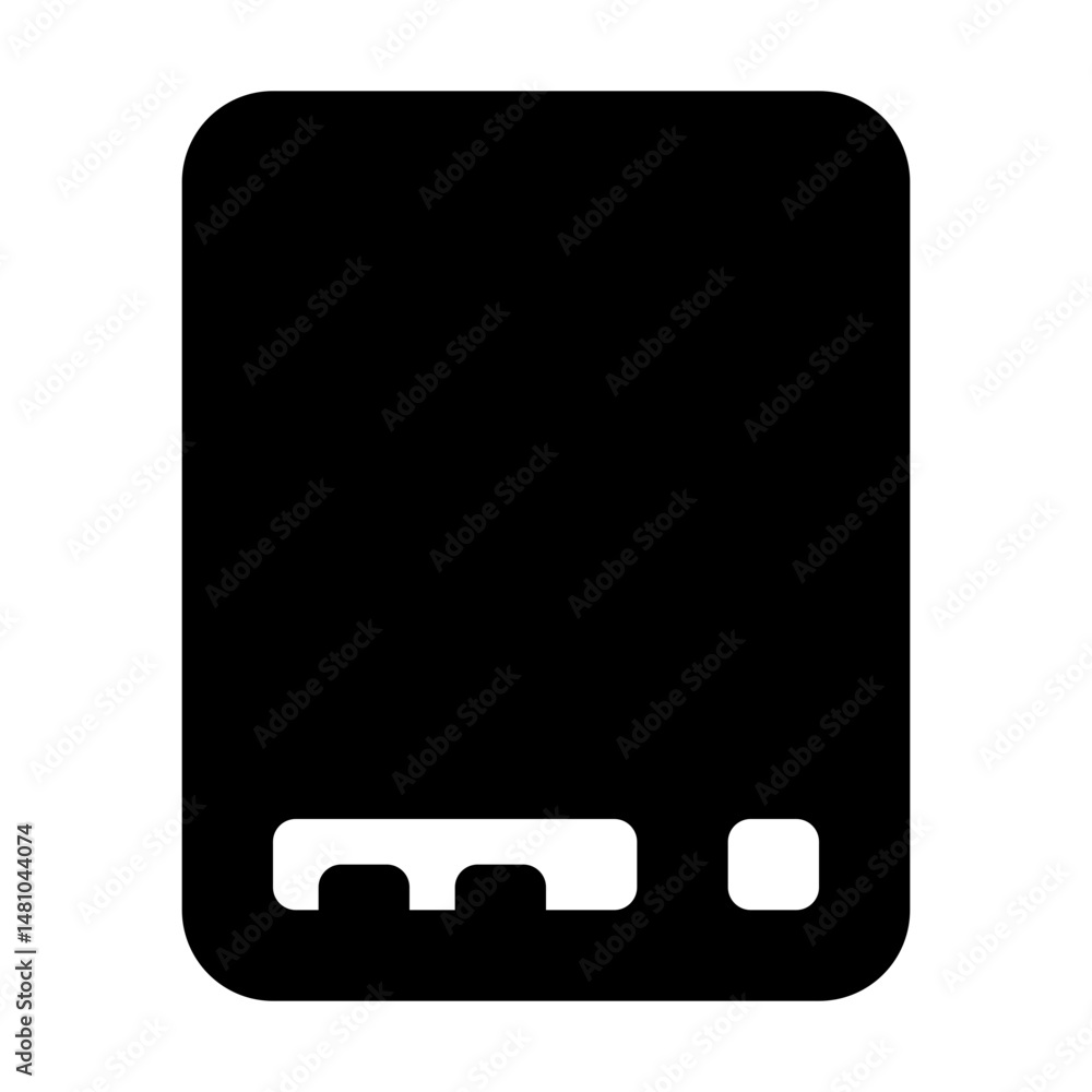 Poster black rectangular device with rounded corners and three small white shapes at the bottom edge shown 