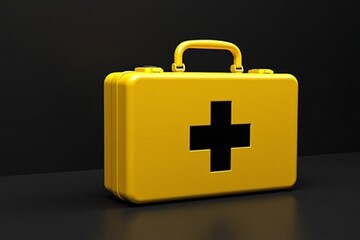 Obraz premium Yellow first aid kit positioned on a black shelf, ideal for medical, healthcare, emergency, safety, preparedness, and disaster management themes.