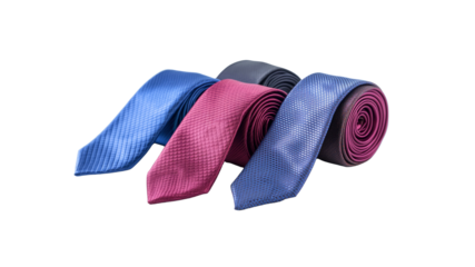 Three Rolled Neckties in Blue, Pink, and Gray Fashion Accessory Studio Shot