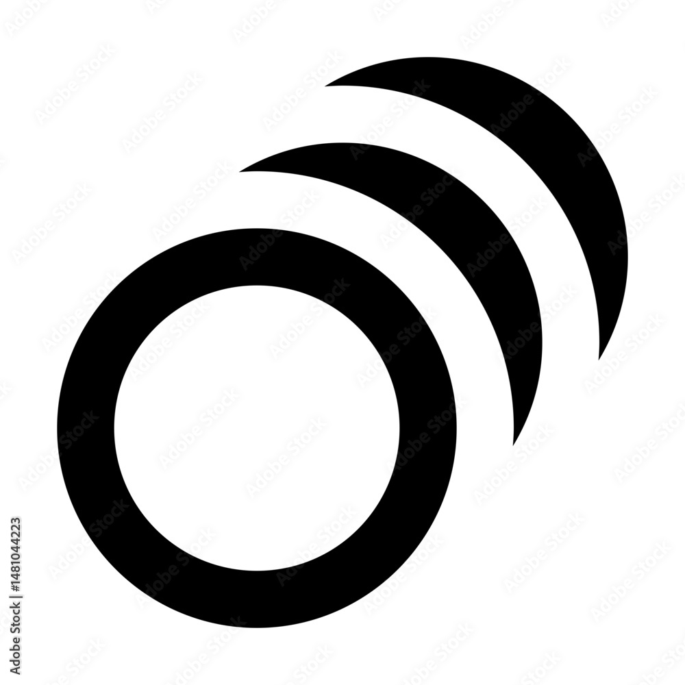 Poster a stylized depiction of a circle with three curved lines emanating from it in a simple black and whi