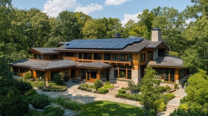 Obraz premium Spacious wood and stone house with solar panels lush greenery