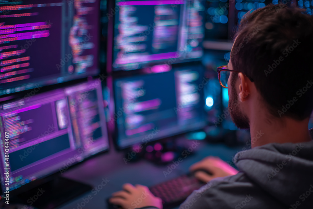 Poster back view of programmer working late, multiple screens displaying purple code, symbolizing dedicatio