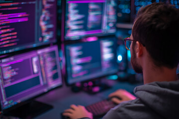 Back view of programmer working late, multiple screens displaying purple code, symbolizing dedication, technology, and late-night work