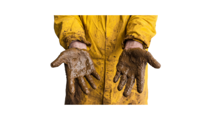 Mud-Covered Hands in Yellow Raincoat - Hard Work, Dirty Job Concept