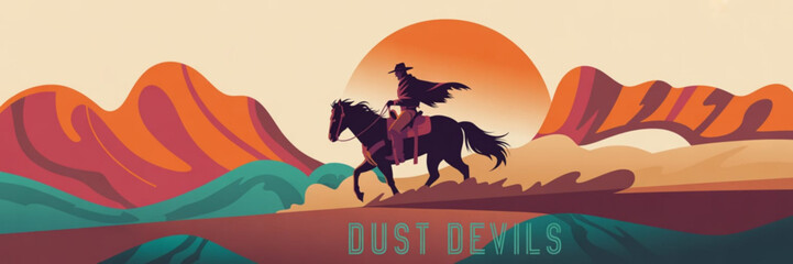 A simple vector illustration of a cowboy riding a horse in the sunset, with a mountains background