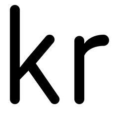 Illustration of two lowercase letters k and r in black on a white background currency symbol krone