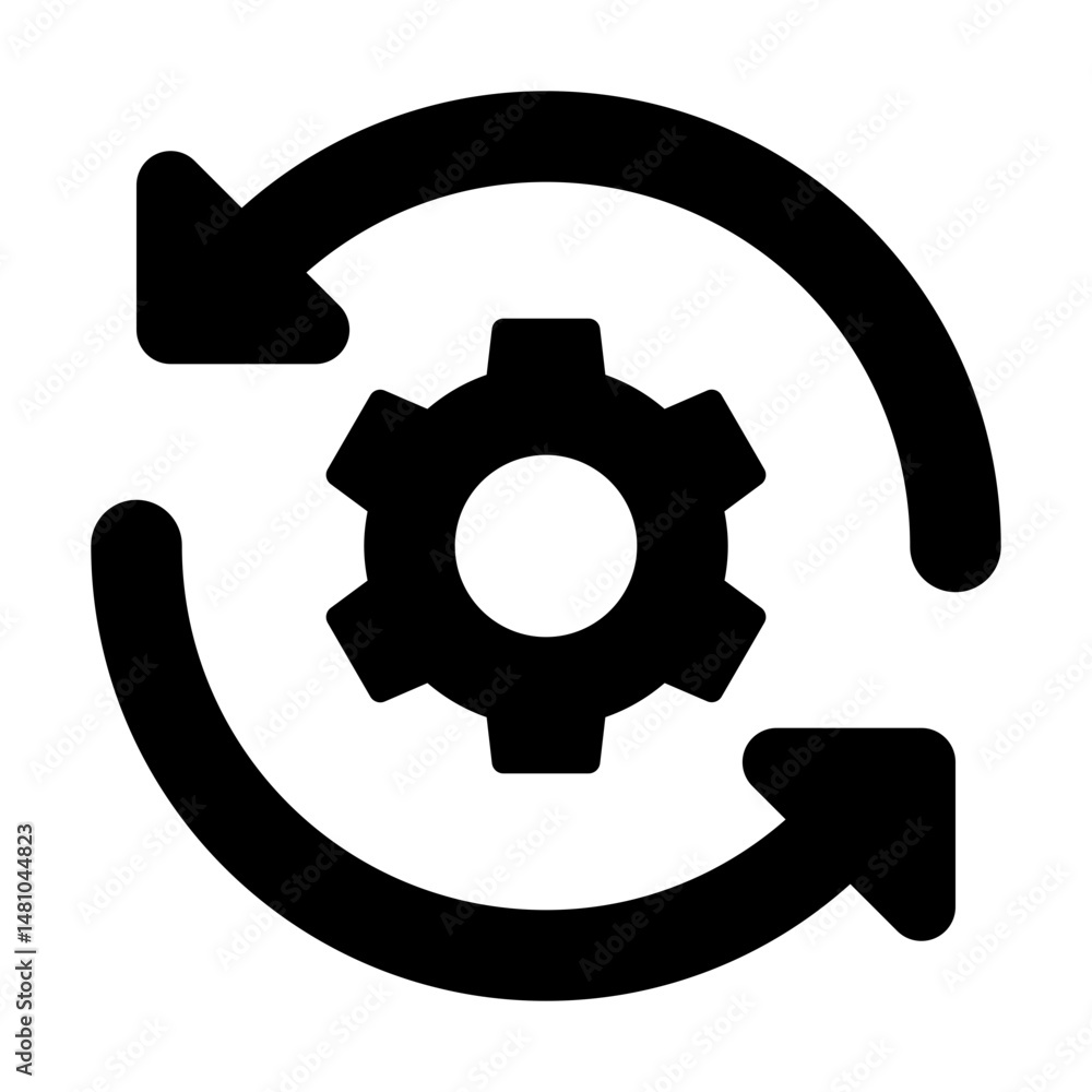 Poster black gear icon with circular arrows illustrating process or synchronization on a white background d