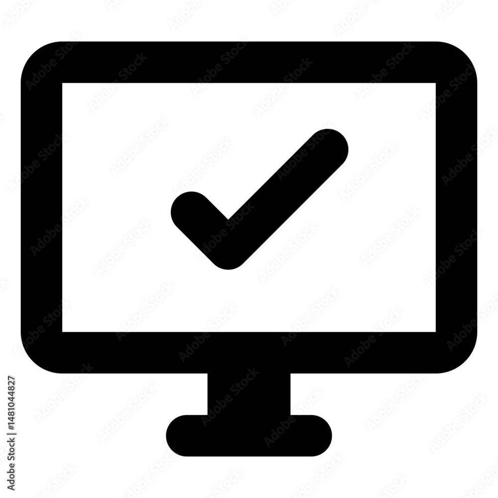 Poster a black and white icon of a computer monitor displaying a check mark on its screen in the center vie