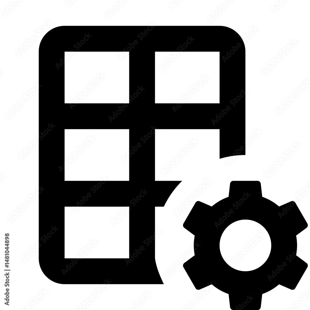 Poster black grid icon with rounded corners and a gear icon overlapping the grid in a simple vector graphic