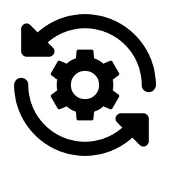 Black gear icon with circular arrows illustrating process or synchronization on a white background design