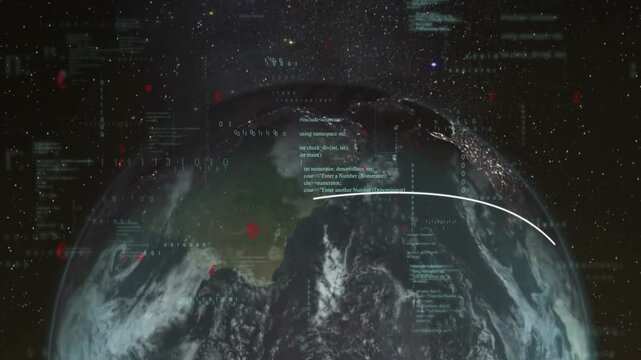 Earth globe being visualized in low orbit, with swirling clouds and floating binary code snippets